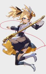 Rule 34 | 1girl, black thighhighs, blonde hair, blue eyes, boots, bow, cross-laced footwear, dress, frilled skirt, frilled sleeves, frills, grey background, hair bow, hair ornament, hairclip, highres, holding, holding instrument, instrument, kagamine rin, karasu btk, lace-up boots, midair, roshin yuukai (vocaloid), short hair, simple background, skirt, solo, thighhighs, twintails, vocaloid, wide sleeves