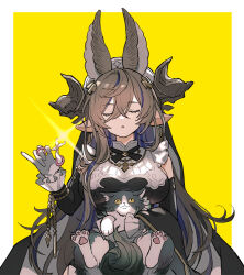 Rule 34 | 1girl, :o, animal, animal ears, black dress, breasts, brown hair, cat, closed eyes, cross tie, detached sleeves, dress, ewiyar (granblue fantasy), galleon (granblue fantasy), glint, gloves, granblue fantasy, hair between eyes, hair ornament, holding, holding animal, horns, iwashi (morpho000), large breasts, long hair, multicolored hair, pet nail clippers, pointy ears, streaked hair, upper body, white gloves