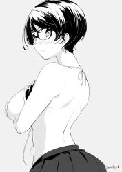 Rule 34 | 1girl, back, bikini, bikini top lift, blush, closed mouth, clothes lift, covering privates, covering breasts, embarrassed, from behind, glasses, grey background, greyscale, kichihachi, looking at viewer, looking back, monochrome, nose blush, original, pleated skirt, short hair, simple background, skirt, solo, twitter username