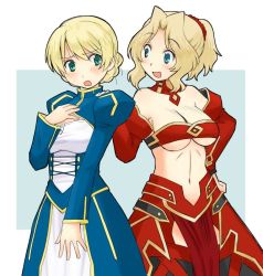 Rule 34 | 10s, 2girls, alternate hairstyle, artoria pendragon (all), artoria pendragon (fate), blonde hair, blue dress, blue eyes, blush, braid, breasts, character cutout, cleavage, clothing cutout, commentary request, cosplay, cosplay request, cowboy shot, darjeeling (girls und panzer), detached collar, detached sleeves, dress, fate/apocrypha, fate/grand order, fate (series), french braid, frown, girls und panzer, hair intakes, hair up, hand on another&#039;s shoulder, hand on own chest, kay (girls und panzer), long hair, long sleeves, looking at another, looking at viewer, medium breasts, mordred (fate), mordred (fate) (cosplay), mordred (fate/apocrypha), multiple girls, navel, navel cutout, open mouth, outside border, pelvic curtain, puffy long sleeves, puffy sleeves, red dress, saber (fate), saber (fate) (cosplay), scrunchie, short hair, short ponytail, smile, standing, twin braids, uona telepin