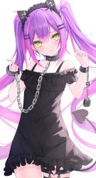 Rule 34 | 1girl, :q, bare shoulders, black dress, blush, chain, chained, collar, cuffs, demon tail, dress, frills, green eyes, hair ornament, hairclip, handcuffs, highres, hololive, long hair, looking at viewer, purple hair, sakura yunuto, solo, tail, tokoyami towa, tongue, tongue out, twintails, very long hair, virtual youtuber, white background