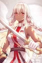 Rule 34 | 1girl, absurdres, ahoge, artist name, bare arms, bare shoulders, belt, braid, breasts, closed mouth, dark skin, dark-skinned female, expressionless, fate/grand order, fate (series), floating hair, gloves, highres, holding, holding sword, holding weapon, lakshmibai (fate), long hair, looking at viewer, medium breasts, red eyes, shirt, sidelocks, silver hair, sleeveless, sleeveless shirt, solo, soyubee, sword, twin braids, upper body, weapon, white gloves, white shirt