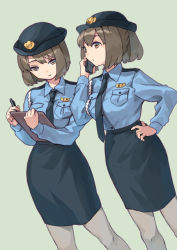 Rule 34 | 2girls, alternate costume, black necktie, black skirt, blue shirt, brown eyes, brown hair, calling, cellphone, clipboard, commentary request, commission, cowboy shot, dutch angle, feet out of frame, female service cap, grey background, grey legwear, holding, holding phone, hyuuga (kancolle), ise (kancolle), kantai collection, mitsuyo (mituyo324), multiple girls, necktie, pantyhose, pen, pencil skirt, phone, police, police uniform, policewoman, ponytail, rope, shirt, short hair, simple background, skirt, talking on phone, uniform
