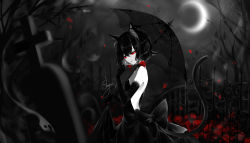 Rule 34 | 1girl, absurdres, animal ears, artist name, bare tree, black choker, black dress, black gloves, black hair, breasts, cat ears, choker, cowboy shot, crescent moon, dress, elbow gloves, eyelashes, flower, gloves, hair between eyes, hand up, highres, holding, holding umbrella, limited palette, lipstick, makeup, moon, night, night sky, original, petals, red flower, red lips, red rose, rose, rose petals, sheya, signature, sky, small breasts, solo, spot color, standing, strapless, strapless dress, tombstone, tree, umbrella