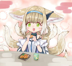 Rule 34 | ajitarou (setsu), animal ear fluff, animal ears, arknights, bare shoulders, black collar, blonde hair, blue hairband, braid, clothing cutout, collar, commentary request, earpiece, food, fox ears, fox girl, fox tail, frilled sleeves, frills, green eyes, hairband, holding, holding food, infection monitor (arknights), kitsune, kyuubi, material growth, multicolored hair, multiple tails, open mouth, oripathy lesion (arknights), short sleeves, shoulder cutout, suzuran (arknights), tail, tail wagging, twin braids, two-tone hair, white hair, wrist cuffs