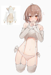Rule 34 | 1girl, ahoge, alternate costume, alternate hair length, alternate hairstyle, blush, brown eyes, brown hair, commentary, english commentary, hair ornament, hairpin, highres, hololive, hololive english, looking at viewer, meme attire, midriff, multicolored hair, nanashi mumei, navel, open mouth, panties, ribbed panties, ribbed sweater, short hair, shuuzo3, simple background, skindentation, sleeveless, sleeveless sweater, solo, streaked hair, sweat, sweater, thighhighs, underwear, virgin destroyer sweater, virtual youtuber, white background, white hair, white panties, white sweater, white thighhighs