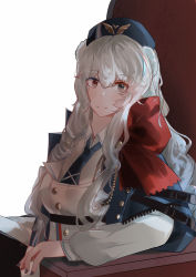Rule 34 | 1girl, absurdres, arknights, beret, blue hat, blue necktie, blush, chinese commentary, commentary request, grey eyes, guangnian, hair between eyes, hat, highres, jacket, long hair, long sleeves, looking at viewer, necktie, rosa (arknights), silver hair, smile, solo, upper body, white jacket