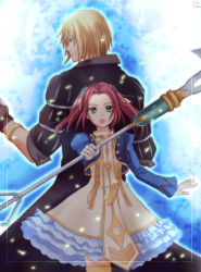Rule 34 | 1boy, 1girl, back-to-back, blonde hair, blue eyes, dress, eizen (tales), eleanor hume, fingerless gloves, gloves, green eyes, long hair, mochi (tukimo), open mouth, pink hair, polearm, spear, tales of (series), tales of berseria, twintails, weapon
