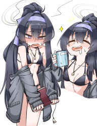 Rule 34 | 1girl, @ @, bags under eyes, bikini, black bikini, black hair, blue archive, blush, book, breasts, closed eyes, collarbone, cup, drooling, fey (whitepaper), full-face blush, grey jacket, hairband, halo, headband, high ponytail, highres, holding, holding book, holding cup, jacket, long hair, looking at viewer, medium breasts, mug, multiple views, navel, off shoulder, official alternate costume, ponytail, purple headband, small breasts, solo, sweat, swimsuit, ui (blue archive), ui (swimsuit) (blue archive), upper body, very long hair, white background