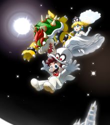 Rule 34 | 1boy, 1girl, 1other, blonde hair, blue eyes, bowser, brown hair, cappy (mario), castle, dress, earrings, facial hair, falling, formal, full body, full moon, gloves, hat, highres, horns, hoshi (star-name2000), jewelry, mario, mario (series), moon, mustache, night, nintendo, open mouth, princess peach, red hair, spikes, suit, super mario odyssey, sweat, tiara (mario), wedding dress, white suit