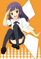 Rule 34 | 1girl, :d, absurdres, apron, black thighhighs, highres, looking away, open mouth, outstretched arm, purple eyes, purple hair, salute, shoes, smile, solo, thighhighs, tsukaji shun, tsurime, waitress, working!!, yamada aoi