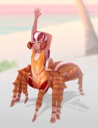 Rule 34 | 1girl, absurdres, arachne, arm behind head, arm up, armpits, arthropod girl, artist name, blurry, blurry background, extra eyes, eyelashes, full body, fur, hair pulled back, highres, insect girl, light smile, long hair, looking at viewer, monster girl, multicolored hair, one eye closed, original, outstretched hand, purple eyes, pustyxox, red hair, solo, spider girl, streaked hair, stretching, striped, taur, white hair