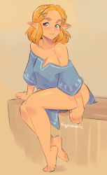 Rule 34 | 1girl, barefoot, blonde hair, blush, bottomless, feet, green eyes, legs together, long hair, nintendo, no bra, parted bangs, plantar flexion, pointy ears, princess zelda, solo, squeezable (squeezabledraws), the legend of zelda, the legend of zelda: breath of the wild, the legend of zelda: tears of the kingdom, toes