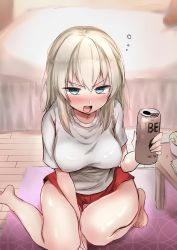 Rule 34 | 1girl, absurdres, barefoot, bed, bedroom, beer mug, between legs, blue eyes, blurry, blurry background, blush, breasts, can, casual, commentary, cup, depth of field, drunk, emilio (tetsukazu no ao), frown, girls und panzer, glaring, half-closed eyes, hand between legs, highres, holding, holding can, indoors, itsumi erika, kneeling, looking at viewer, medium breasts, medium hair, mug, open mouth, red shorts, rug, shirt, short shorts, short sleeves, shorts, silver hair, solo, t-shirt, table, white shirt, wooden floor
