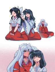 Rule 34 | 1boy, 2girls, aged up, animal ears, ao clover, black hair, bow, dog ears, family, grey hair, hair bow, hakama, hakama pants, han&#039;you no yashahime, hand on own face, highres, higurashi kagome, husband and wife, inuyasha, inuyasha (character), japanese clothes, looking at another, moroha (inuyasha), mother and daughter, multicolored hair, multiple girls, pants, seiza, sitting, sparkle, streaked hair, wide sleeves