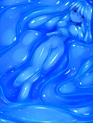 Rule 34 | blue eyes, blue hair, blue skin, colored skin, monster girl, no nipples, nude, partially submerged, rethnick, slime girl, smile