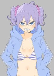 Rule 34 | 1girl, absurdres, bad id, bad twitter id, bikini, bikini top only, blue eyes, breasts, cleavage, donguri suzume, grey background, grin, hair between eyes, hair ornament, hair scrunchie, hands in pockets, highres, hood, hooded jacket, hoodie, jacket, large breasts, looking at viewer, navel, open clothes, open hoodie, original, purple hair, scrunchie, sharp teeth, short twintails, simple background, smile, solo, striped bikini, striped bikini top, striped clothes, swimsuit, teeth, tsurime, twintails