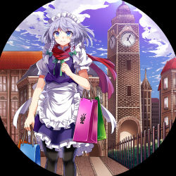 Rule 34 | 1girl, :&gt;, apron, arch, bag, black pantyhose, blouse, blue dress, blue sky, blush, bow, bowtie, braid, building, bush, clock, clock tower, closed mouth, cloud, collared shirt, cowboy shot, day, dress, e.o., eyebrows, fence, frilled apron, frilled dress, frills, front braid, green bow, green bowtie, hair bow, holding, house, izayoi sakuya, looking afar, looking up, maid, maid apron, maid headdress, outdoors, pantyhose, plant, puffy short sleeves, puffy sleeves, red scarf, scarf, shirt, shopping bag, short hair, short sleeves, side braid, silver hair, sky, smile, solo, standing, touhou, tower, town, twin braids, waist apron, white apron, white shirt, window, wing collar, wooden fence