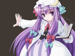Rule 34 | 1girl, book, bow, brown background, female focus, hair bow, hat, long hair, multiple hair bows, outstretched arm, outstretched hand, patchouli knowledge, purple eyes, purple hair, solo, touhou, triangle mouth, wapokichi