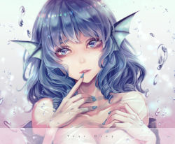 Rule 34 | 1girl, absurdres, artist name, bare shoulders, blue eyes, blue hair, breasts, bubble, cleavage, collarbone, commentary request, drill hair, fins, head fins, highres, kyogoku-uru, looking at viewer, nail polish, parted lips, solo, tears, touhou, twin drills, underwater, upper body, wakasagihime