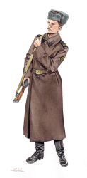 Rule 34 | 1boy, ak-74, assault rifle, belt, belt buckle, black footwear, boots, brown belt, brown coat, brown hair, buckle, closed mouth, coat, collar tabs, collared coat, dated, epaulettes, full body, fur hat, grey hat, gun, gun sling, hat, hat ornament, highres, holding, holding gun, holding weapon, horikou, insignia, kalashnikov rifle, lips, long sleeves, looking ahead, male focus, military, military hat, military uniform, nose, original, patch, realistic, red star, rifle, short hair, signature, simple background, soldier, solo, soviet, soviet army, standing, star (symbol), star hat ornament, uniform, ushanka, very short hair, weapon, white background, wreath