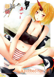 Rule 34 | 1girl, alternate hair length, alternate hairstyle, bad id, bad pixiv id, barefoot, benio (dontsugel), bird, blonde hair, blush, breasts, cleavage, comtemporary, contemporary, crossed legs, english text, feet, female focus, highres, horns, hoshiguma yuugi, medium breasts, nmaaaaa, open mouth, panties, penguin, red eyes, short hair, single horn, sitting, soles, solo, striped clothes, striped panties, tank top, toes, touhou, underwear, underwear only