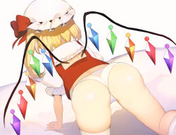 Rule 34 | 1girl, absurdres, all fours, ass, asymmetrical legwear, back, bad id, bad pixiv id, bare arms, bare legs, blonde hair, bow, crawling, dutch angle, facing away, flandre scarlet, frilled sleeves, frills, from behind, hat, hat ribbon, highres, ikasoba, medium hair, midriff peek, mob cap, no pants, one side up, panties, puffy short sleeves, puffy sleeves, red bow, red ribbon, red vest, ribbon, shirt, short sleeves, single thighhigh, skindentation, socks, solo, thighhighs, touhou, underwear, uneven legwear, upshirt, vest, wedgie, white panties, white shirt, white socks, wings