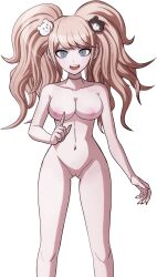 Rule 34 | 1girl, bear hair ornament, blonde hair, blue eyes, breasts, choker, cleft of venus, completely nude, danganronpa: trigger happy havoc, danganronpa (series), danganronpa s: ultimate summer camp, ears, enoshima junko, eyebrows, feet out of frame, female focus, fingernails, hair ornament, hand up, highres, kneeling, kosine1777, large areolae, large breasts, looking at viewer, nail polish, navel, nipples, nude, open mouth, pussy, red nails, solo, standing, teeth, third-party edit, tongue, twintails, upper teeth only