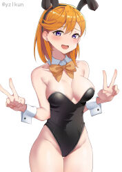 Rule 34 | 1girl, :d, absurdres, animal ears, black leotard, bow, bowtie, breasts, covered navel, detached collar, double v, fake animal ears, hands up, highleg, highleg leotard, highres, large breasts, leotard, love live!, love live! superstar!!, medium hair, open mouth, orange bow, orange bowtie, orange hair, playboy bunny, purple eyes, rabbit ears, shibuya kanon, smile, solo, strapless, strapless leotard, twitter username, v, white background, white wrist cuffs, wrist cuffs, yzlkun