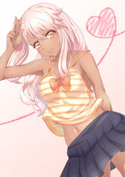 Rule 34 | 1girl, absurdres, armpits, arms behind back, bare arms, bare shoulders, black skirt, blush, bow, bowtie, breasts, camisole, chloe von einzbern, closed mouth, collarbone, cowboy shot, dark-skinned female, dark skin, eyelashes, fate/kaleid liner prisma illya, fate (series), gluteal fold, gradient background, gradient eyes, hair between eyes, hand to head, hand up, heart, heart of string, highres, legs apart, lips, long hair, looking at viewer, midriff, midriff peek, miniskirt, multicolored eyes, nanamira bi, navel, no bra, one side up, orange bow, orange bowtie, orange eyes, pink hair, pleated skirt, side ponytail, skirt, small breasts, smile, solo, stomach, striped, striped camisole, v, w, yellow eyes