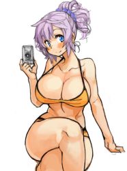 Rule 34 | 10s, 1girl, aoba (kancolle), bikini, blue eyes, blush, breasts, camera, cleavage, collarbone, crossed legs, holding, kantai collection, large breasts, ponytail, purple hair, sachito, selfie, short hair, simple background, sitting, smile, solo, swimsuit, white background, yellow bikini