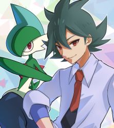 Rule 34 | 1boy, bad id, bad pixiv id, closed mouth, collared shirt, commentary request, creatures (company), gallade, game freak, gen 4 pokemon, green hair, grey shirt, hair between eyes, highres, male focus, necktie, nintendo, outline, pokemon, pokemon (anime), pokemon (creature), pokemon journeys, punico (punico poke), red eyes, red neckwear, rinto (pokemon), shirt, sleeves rolled up, smile, two-tone necktie, two-tone neckwear, undershirt