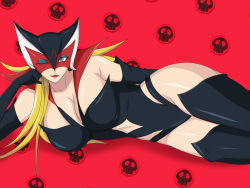 Rule 34 | 1girl, bare shoulders, blonde hair, blue eyes, boots, breasts, doronjo, elbow gloves, gloves, greco roman (spiral brain), huge breasts, legs, lipstick, long hair, looking at viewer, lying, makeup, mask, on side, one eye closed, simple background, smile, solo, thigh boots, thighhighs, thighs, wink, yatterman