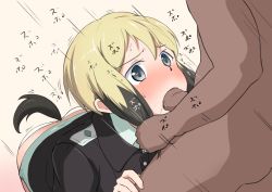 Rule 34 | 1boy, 1girl, blonde hair, blush, dog tail, erica hartmann, fellatio, forced, grabbing another&#039;s hair, hetero, irrumatio, oral, penis, rape, short hair, simple background, strike witches, tail, white background, world witches series