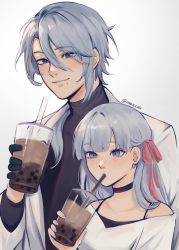 Rule 34 | 1boy, 1girl, alternate costume, alternate hairstyle, ayaka (genshin impact), black choker, black gloves, black sweater, blue eyes, blue hair, brother and sister, bubble tea, choker, closed mouth, commentary, cup, disposable cup, drinking, drinking straw, drinking straw in mouth, english commentary, genshin impact, gloves, hair ribbon, highres, holding, holding cup, jacket, kamisato ayato, long hair, looking at viewer, mole, mole under eye, mole under mouth, nail polish, nokkusuart, ribbon, siblings, silver hair, simple background, sweater, twitter username, upper body, white jacket