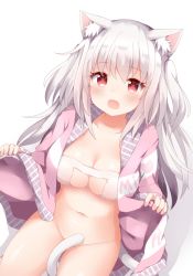 Rule 34 | 1girl, :o, animal ear fluff, animal ears, blush, bottomless, bra, breasts, cat cutout, cat ears, cat girl, cat tail, cleavage, cleavage cutout, clothing cutout, collarbone, commentary request, fang, jacket, long hair, long sleeves, looking at viewer, medium breasts, navel, open clothes, open jacket, original, pink jacket, red eyes, skin fang, solo, stomach, tail, tail censor, tutsucha illust, two side up, underboob, underboob cutout, underwear, white bra, white hair