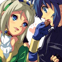 Rule 34 | 1boy, 1girl, :o, avril vent fleur, blue eyes, blue gloves, braid, breasts, candy, chocolate, chocolate heart, cleavage, dean stark, enoo, feeding, food, gloves, heart, jaggy lines, long hair, looking at another, lowres, oekaki, open mouth, sidelocks, silver hair, smile, upper body, white background, wild arms, wild arms 5