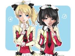 Rule 34 | 2girls, ayase eli, black bow, black bowtie, black eyes, black hair, blonde hair, blue eyes, border, bow, bowtie, closed mouth, collared shirt, commentary request, cowboy shot, dress shirt, earrings, finger to mouth, frilled shirt collar, frills, hair bow, heart, highres, jacket, jewelry, kashikaze, long hair, looking at viewer, love live!, love live! school idol project, medium hair, multicolored clothes, multicolored jacket, multiple girls, musical note, nanjou yoshino, outline, parted lips, ponytail, red jacket, shirt, sore wa bokutachi no kiseki, spoken heart, spoken musical note, two-tone jacket, v, v over mouth, white border, white outline, white shirt, yellow jacket