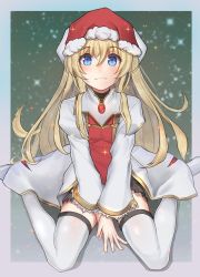 Rule 34 | 10s, 1girl, absurdres, alternate color, blonde hair, blue eyes, blush, christmas, commentary request, gatchan, goblin slayer!, hat, highres, long hair, long sleeves, priestess (goblin slayer!), santa hat, sitting, smile, solo, sparkle, thighhighs, wariza, white thighhighs, zettai ryouiki