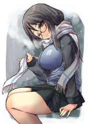 Rule 34 | 10s, 1girl, bare legs, bespectacled, blush, breasts, brown eyes, enpera, girls und panzer, glasses, jacket, large breasts, long hair, looking at viewer, mika (girls und panzer), military, military uniform, miniskirt, no headwear, no headwear, one eye closed, pleated skirt, scarf, school uniform, shinshin, skirt, smile, solo, track jacket, uniform