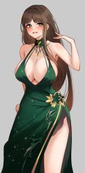 Rule 34 | 1girl, bare shoulders, black survival, blush, breasts, brown hair, charon (duddnd2361), cleavage, clover-shaped pupils, dress, eternal return: black survival, evening gown, green dress, green eyes, grey background, gweon sua, highres, jewelry, large breasts, long hair, looking at viewer, necklace, plunging neckline, side slit, simple background, sleeveless, sleeveless dress, smile, solo, symbol-shaped pupils