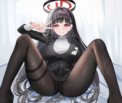 Rule 34 | 1girl, ass, black hair, black pantyhose, black skirt, blue archive, blush, breasts, bright pupils, closed mouth, feet out of frame, formal, hair ornament, hairpin, halo, highres, id card, large breasts, long hair, long sleeves, looking at viewer, out of character, panties, panties under pantyhose, pantyhose, pleated skirt, red eyes, rio (blue archive), skirt, smile, solo, suit, sweater, turtleneck, turtleneck sweater, underwear, v, white pupils, white sweater, yami (rear4742)