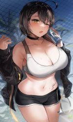 Rule 34 | 1girl, ahoge, azur lane, ball, baltimore (azur lane), baltimore (black ace) (azur lane), bandaid, bandaid on leg, bare shoulders, black jacket, black shorts, blurry, blurry background, blush, bottle, bottle to cheek, braid, breasts, brown hair, chain-link fence, choker, cleavage, collarbone, cowboy shot, fence, flower tattoo, french braid, gijang, groin, hair between eyes, highres, holding, holding bottle, jacket, large breasts, looking at viewer, midriff, navel, off shoulder, official alternate costume, one eye closed, open mouth, racket, short hair, short shorts, shorts, sidelocks, solo, sports bra, standing, stomach tattoo, sweat, tattoo, tennis ball, tennis racket, water bottle, white sports bra, yellow eyes