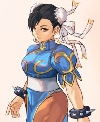 Rule 34 | 12 (artist), absurdres, black hair, blue dress, bracelet, breasts, brown hair, brown pantyhose, bun cover, capcom, china dress, chinese clothes, chun-li, cowboy shot, double bun, dress, earrings, eyebrows, gradient background, hair bun, hair pulled back, highres, jewelry, looking at viewer, medium breasts, pantyhose, pelvic curtain, puffy short sleeves, puffy sleeves, sash, short sleeves, side slit, solo, spiked bracelet, spikes, street fighter, white background