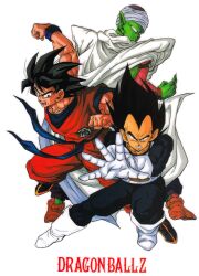 Rule 34 | 1990s (style), 3boys, aiming, aiming at viewer, black eyes, black hair, boots, cape, clenched hands, colored skin, copyright name, dougi, dragon ball, dragonball z, gloves, green skin, grin, highres, looking at viewer, looking back, male focus, multiple boys, muscular, muscular male, namekian, non-web source, official art, open hand, open mouth, outstretched arm, piccolo, pointy ears, retro artstyle, saiyan, saiyan armor, scan, simple background, smile, son goku, toriyama akira, turban, vegeta, white background, white footwear, white gloves, widow&#039;s peak, wrist cuffs