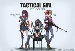 Rule 34 | 3girls, absurdres, ahoge, ai arctic warfare, ankle boots, artist name, assault rifle, asymmetrical legwear, battle rifle, belt pouch, black gloves, black legwear, black shorts, black soldier, blue eyes, blue pants, blue skirt, bolt action, boots, breasts, brown eyes, brown footwear, brown hair, character name, cleavage, collarbone, covered mouth, cropped jacket, elbow pads, gas mask, gloves, grey hair, gun, hair between eyes, hair ornament, hair tie, handgun, harness, headset, highres, holding, holding gun, holding weapon, holster, hood, hood down, hoodie, jewelry, knee pads, large breasts, long hair, long sleeves, looking at viewer, mask, medium breasts, multiple girls, necklace, original, pants, pantyhose, parted lips, pistol, ponytail, pouch, purple eyes, red scarf, rifle, scarf, scope, short hair, short shorts, short sleeves, shorts, siblings, sisters, skirt, smile, sniper rifle, spread legs, strap, teeth, thigh holster, thighhighs, trigger discipline, uneven legwear, weapon