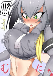 Rule 34 | !?, 10s, 1girl, black hair, blush, breasts, clothes lift, grabbing, grabbing another&#039;s breast, grabbing from behind, green eyes, grey hair, grey shirt, groping, hair between eyes, hand under clothes, hand under shirt, head wings, highres, kemono friends, large breasts, long hair, midriff, multicolored hair, navel, necktie, open mouth, shirt, shirt lift, shoebill (kemono friends), short sleeves, solo focus, surprised, sweat, upper body, wings, zokusuke