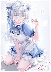 Rule 34 | 1girl, akasaka asa, alice in wonderland, blue bow, blue bowtie, blue eyes, blue ribbon, blush, bow, bowtie, bun cover, commission, double bun, dress, frilled dress, frills, hair between eyes, hair bun, hair ribbon, highres, kneeling, long hair, looking at viewer, parted lips, ribbon, shirose aoi, short sleeves, skeb commission, solo, virtual youtuber, white theme
