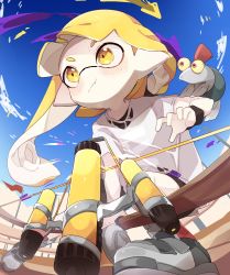 Rule 34 | 1girl, 1other, :t, asymmetrical hair, bike shorts, blonde hair, blue sky, blunt bangs, blush, bow (weapon), braid, colored sclera, eyebrow cut, fisheye, flag, foreshortening, from below, highres, holding, holding bow (weapon), holding weapon, ika esu, inkling, inkling girl, inkling player character, nintendo, on shoulder, pale skin, pointy ears, pout, red eyes, shirt, sky, smallfry (splatoon), splatoon (series), splatoon 3, t-shirt, tentacle hair, torn clothes, torn shirt, weapon, white shirt, yellow eyes, yellow sclera