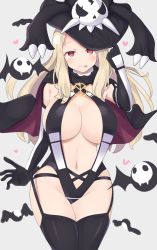 Rule 34 | 1girl, :p, adjusting clothes, adjusting headwear, bad id, bad pixiv id, bat (animal), black thighhighs, blonde hair, blush, breasts, cape, commentary, cowboy shot, elbow gloves, garter straps, gloves, grey background, halterneck, hat, heart, heart-shaped pupils, highres, large breasts, legs together, leotard, long hair, looking at viewer, mole, mole under mouth, mukuba, navel, pulling own clothes, red eyes, revealing clothes, senran kagura, senran kagura shinovi versus, shiki (senran kagura), simple background, smile, solo, spoken heart, standing, symbol-shaped pupils, thighhighs, thighs, tongue, tongue out, wavy mouth, wide hips, witch hat
